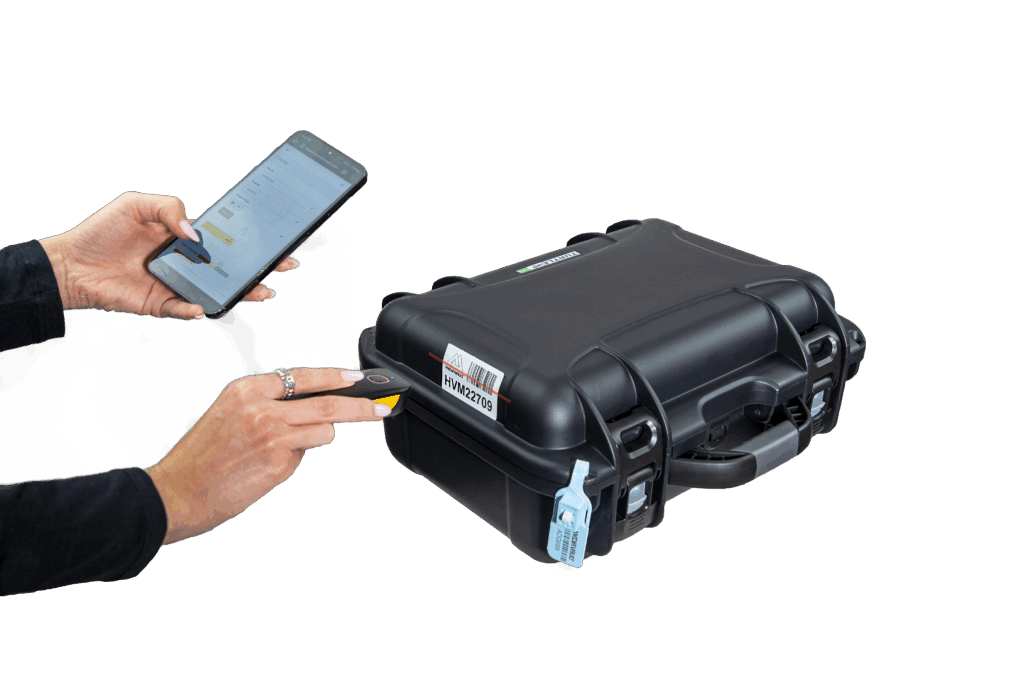 Hand scanning the BoxID of the Turtle Case media storage protective case